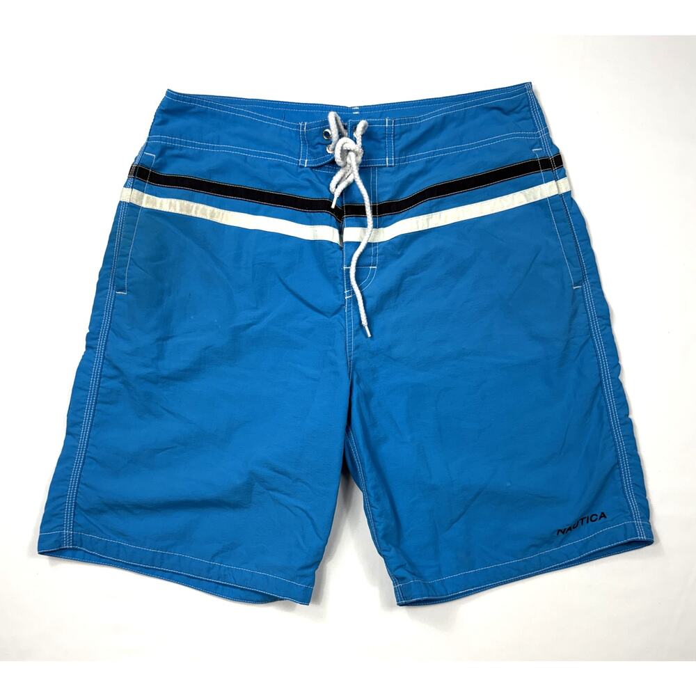 Vintage Nautica Swim Trunks Mens Sz 32 Blue drawstring stripes accent bands - Picture 1 of 16